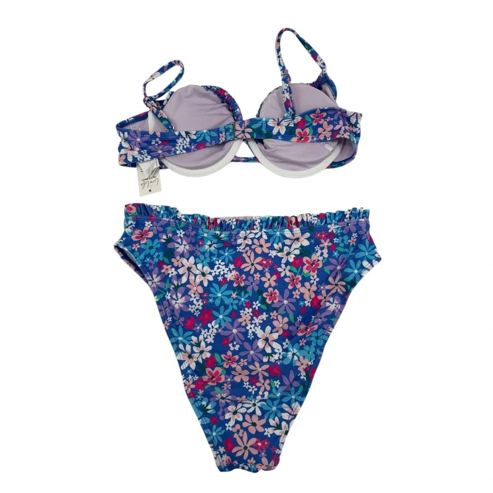 Cupshe Two Piece Floral Ruffle Underwire Bikini in Blue Floral Medium NWT